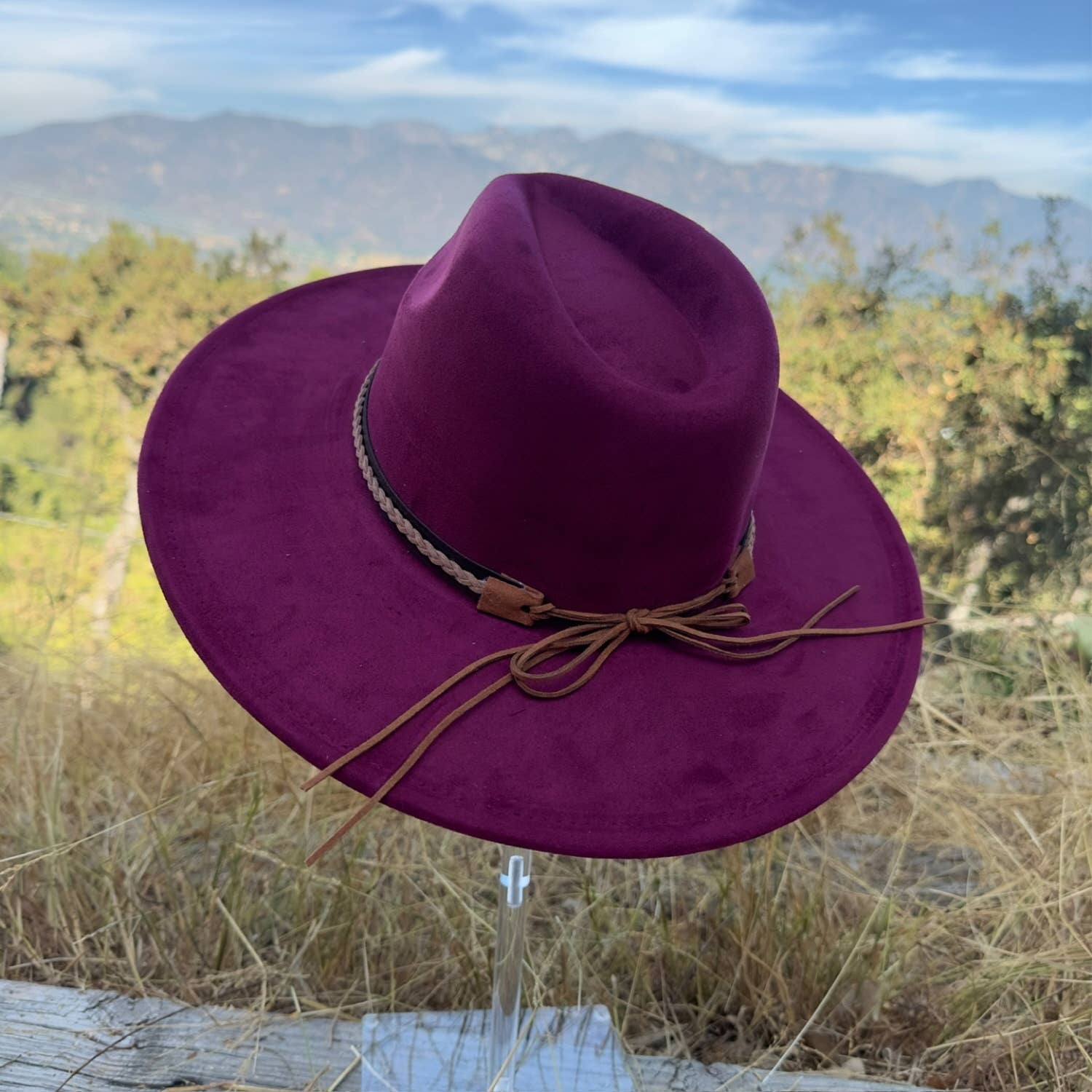 Classic Wide Brim Suede Hat With Braided Suede Belt