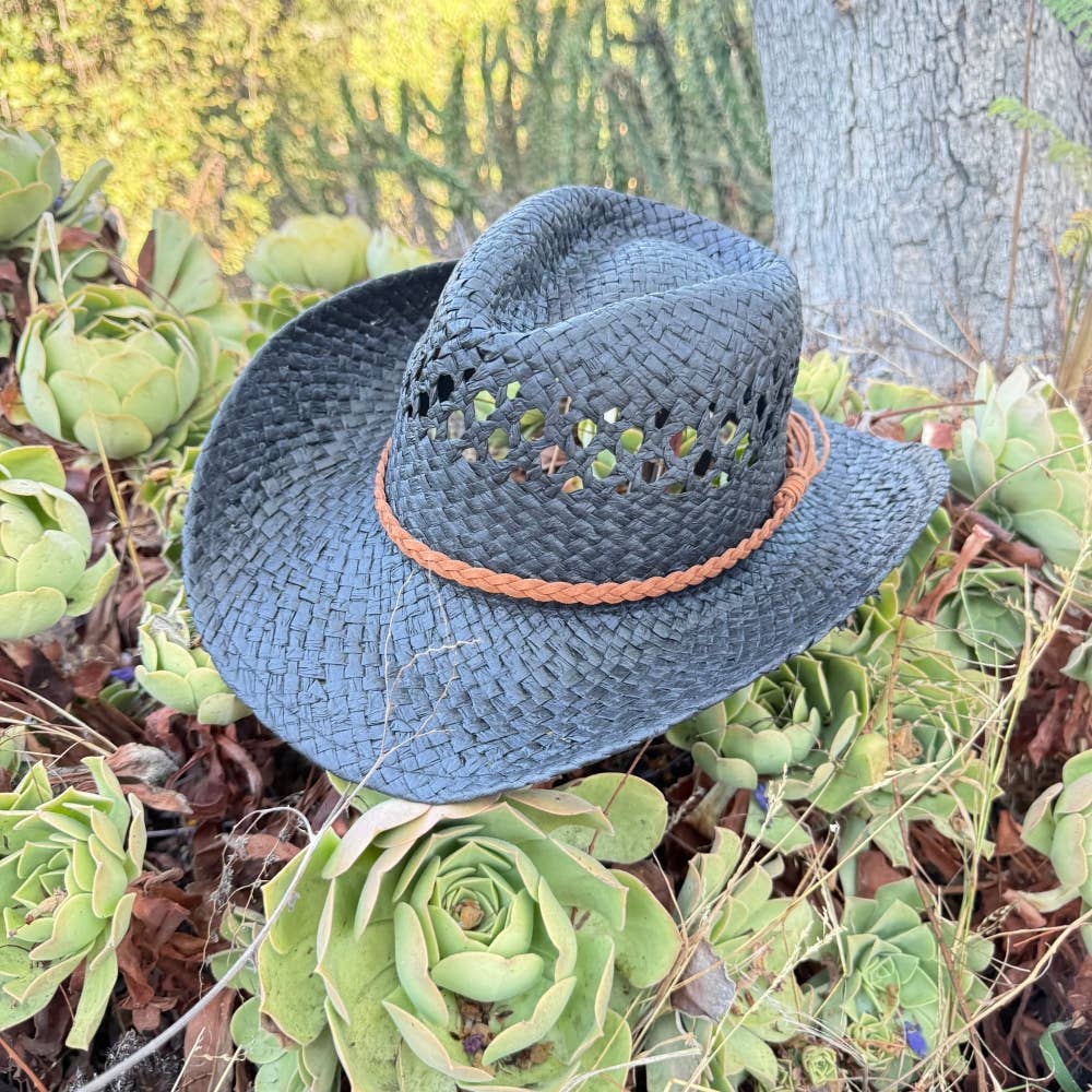 Braided Band Vented Straw Cowboy Hat Black