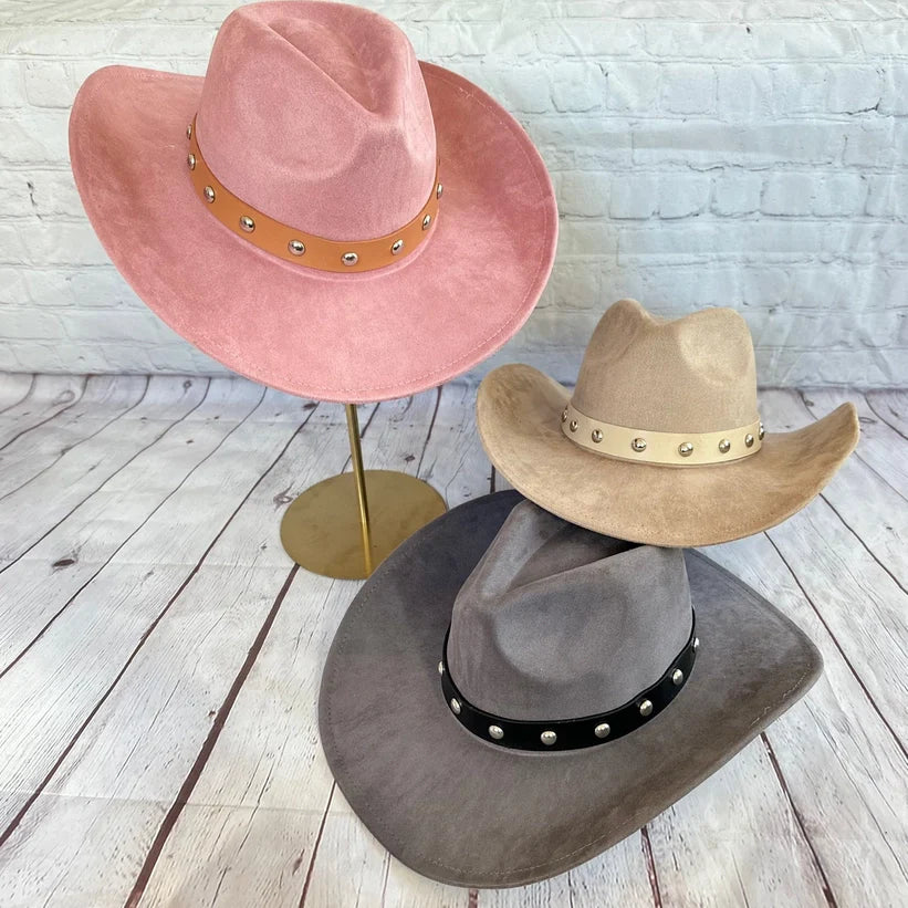 VEGAN SUEDE COWBOY HAT W/ STUDDED LEATHER BELT