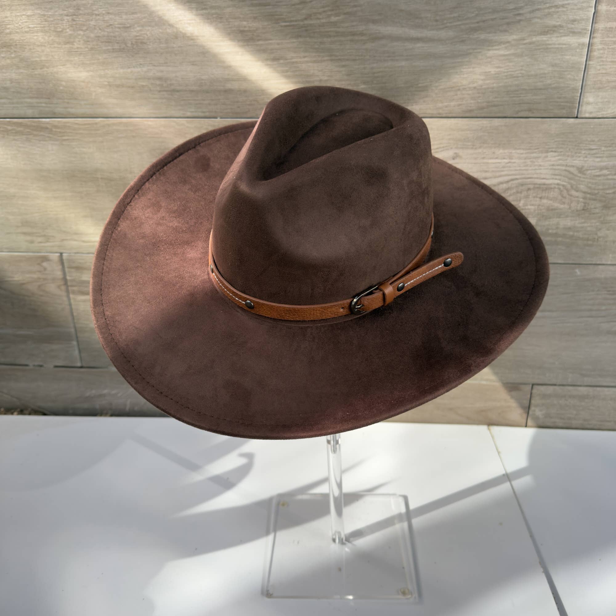 Wide Brim Suede Hat with Leather Belt