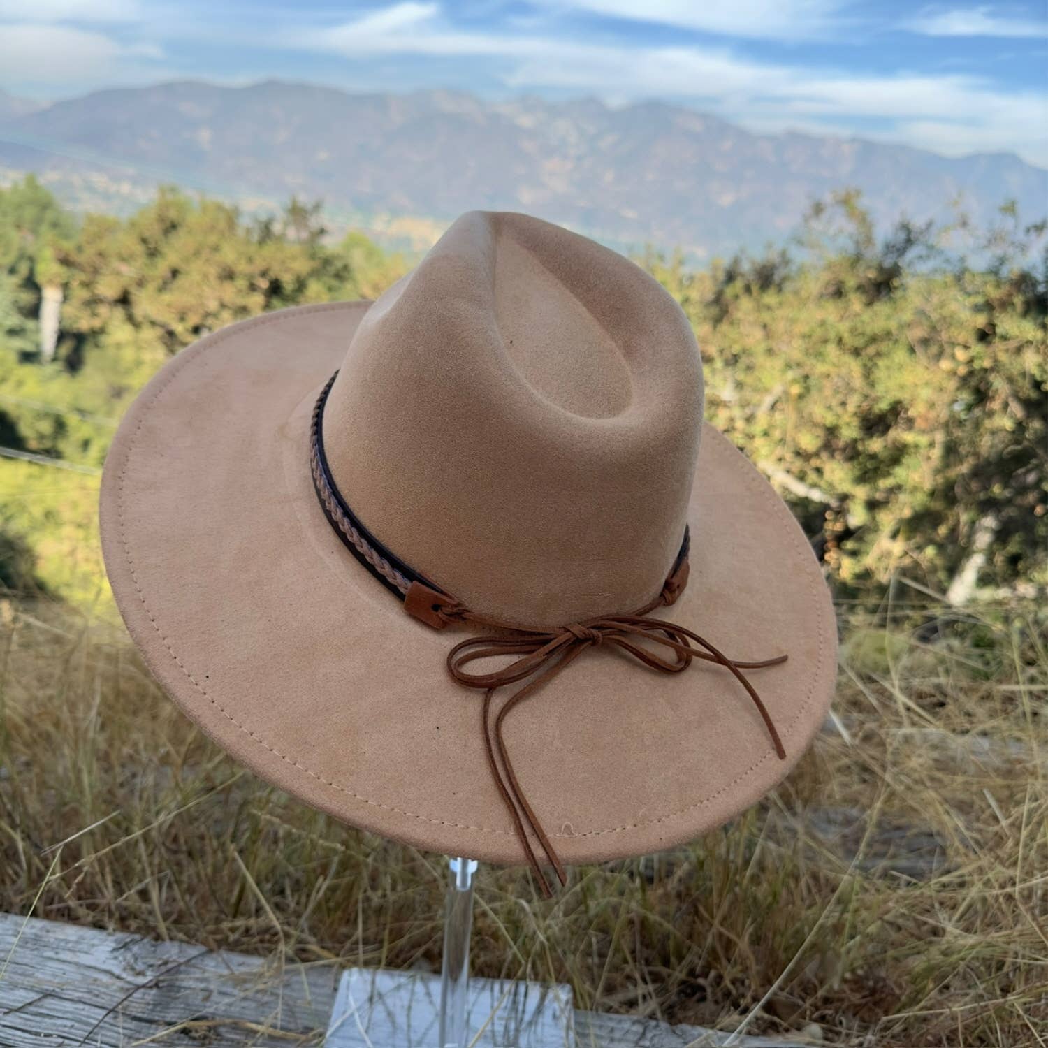 Classic Wide Brim Suede Hat With Braided Suede Belt