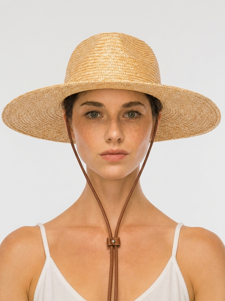 Wheat Straw Wide Brim Rancher Hat with Leather Chin Cord
